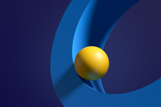 Yellow sphere rolling on blue geometric curve. Motion, equilibrium, movement or stability.