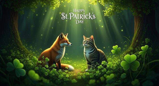 Happy St. Patricks Day greeting with fox and cat in magical forest. Festive design for celebration, luck, nature, and friendship.