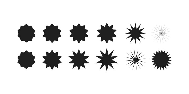 Collection of diverse black starburst shapes and burst icons isolated on a clean white background
