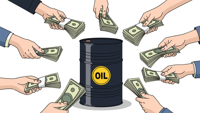 Multiple hands offering bundles of cash to a black oil barrel with a yellow label to represent the high costs and demand in the energy market.