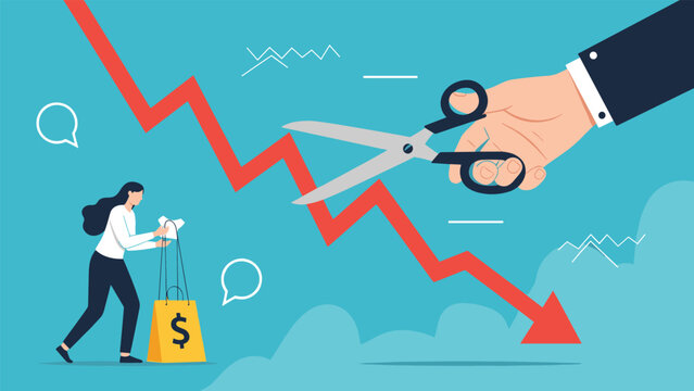 Giant hand using scissors to cut a falling red trend line while a woman with a dollar bag looks on representing budget cuts and saving money.