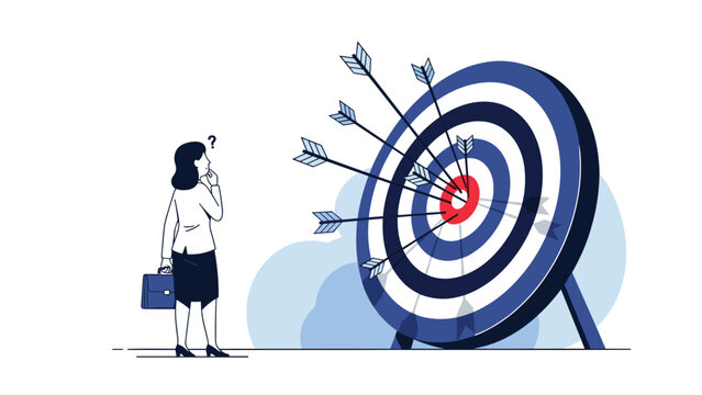Confused businesswoman looking at a target board full of arrows that have missed the center to represent business failure and wrong strategies.