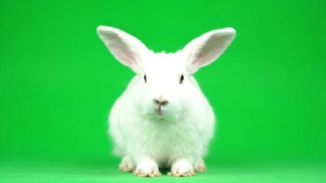 An adorable fluffy white rabbit with long ears sits alertly, gazing directly at the viewer against a vibrant green screen background, perfect for a cheerful cutout or spring theme