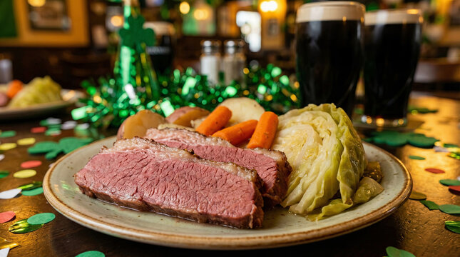 Corned beef and cabbage dinner with stout beer during St. Patricks Day celebration. Traditional Irish food and drink for a festive holiday meal.