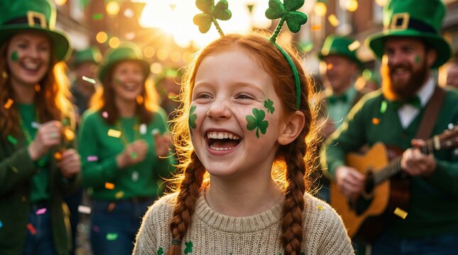 Adorable Irish girl, child with face paint and shamrock headwear, celebrating St. Patricks Day in a vibrant sunlit street festival.