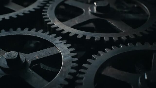 Close-up of old metal gears interlocking and turning, with sparks flying