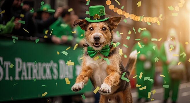 Happy dog jumping under confetti on St. Patricks Day celebration. Funny terrier puppy wearing leprechaun hat and bow tie. Cute animal pet mascot.