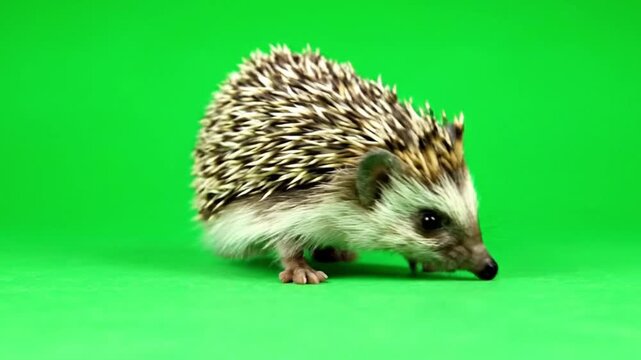 Adorable small hedgehog with distinctive quills captured in a detailed studio close-up, walking on a bright green screen background, perfect for compositing or wildlife-themed designs