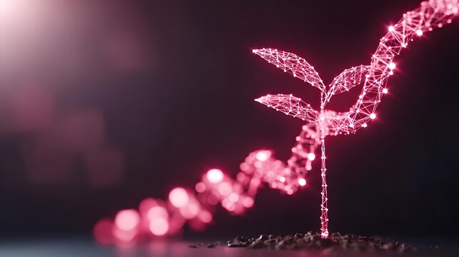 network shaped like a plant growing upward, glowing nodes and organic flowing lines on a dark background