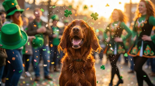Happy Irish setter dog wearing shamrock head boppers during St. Patricks Day celebration with confetti falling and people dressed in green
