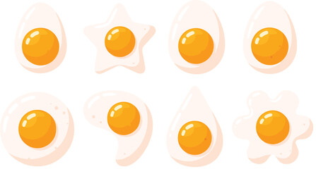 Fried Egg Collection Vector Illustration Set with Different Shapes and Yolks Isolated on White Background for Breakfast Food Design