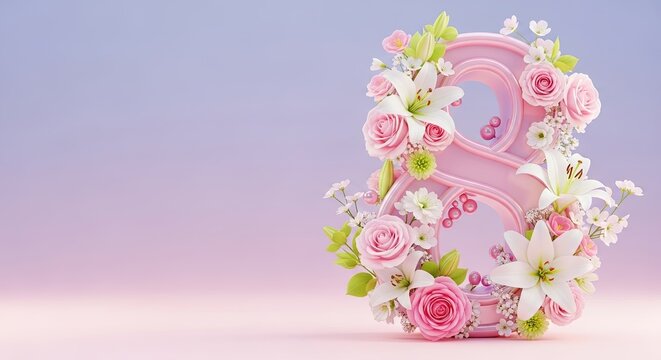 Pink number eight decorated with various spring flowers and leaves. International Womens Day March 8th celebration and congratulation card.