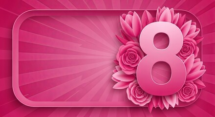 Naklejka premium Pink number 8 with paper cut flowers and frame. Womens Day background. International Womens Day concept for greeting card.