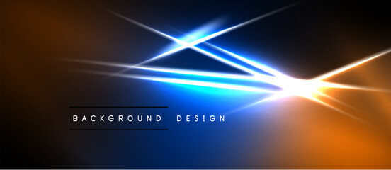 Abstract neon light streaks intersect. Vivid orange, blue gradients dominate dark background. Minimal text reads background design.