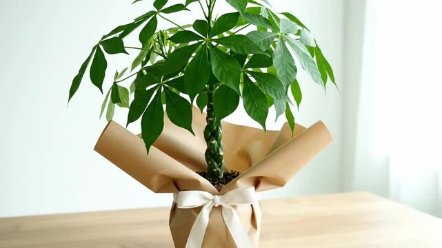 Money tree plant wrapped as a gift with a white ribbon. Pachira aquatica in craft paper on a wooden table. Housewarming and celebration concept