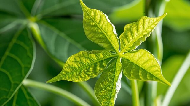 Close-up of a new money tree leaf opening. Macro view of Pachira aquatica growth. Botanical process and plant life cycle