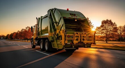 Obraz premium Heavy-duty garbage truck on a paved road during a golden sunset with sun flares