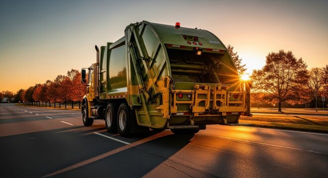 Heavy-duty garbage truck on a paved road during a golden sunset with sun flares