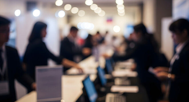A blurred view of people in business attire at a conference registration desk
