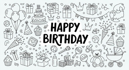 Obraz premium Happy birthday celebration with cake gifts and party decorations