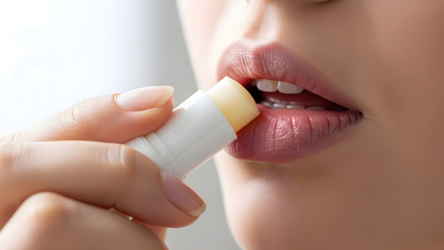 A woman applying lip balm to her dry lips for hydration and comfort