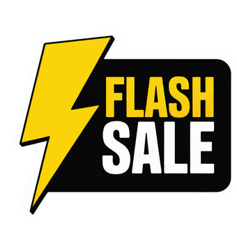 Bold yellow lightning bolt graphic design element accompanying the words Flash Sale in white and yellow letters isolated on transparent background