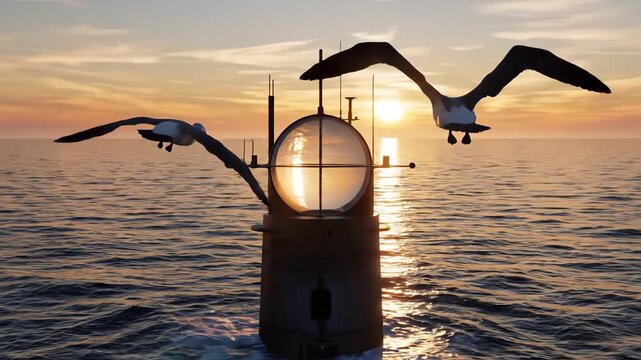 Majestic submarine periscope emerges from calm ocean waters at golden sunset with soaring seagulls, creating a serene and adventurous maritime scene with warm light reflecting on the sea surface