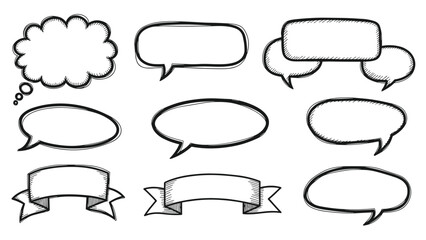 Fototapeta premium Selection of hand drawn speech bubbles, thought clouds, and ribbon banners features textured black outlines for a classic comic book aesthetic.
