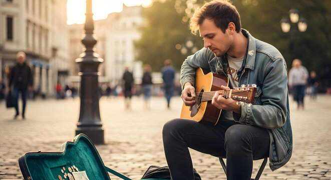 A talented man sits on a stool busking with his guitar case open for tips on a cobblestone urban street