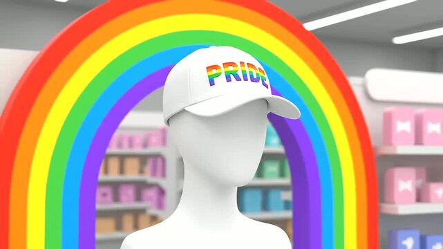Retail Store Display Featuring Mannequin in Rainbow Pride Hat and Arch for LGBTQ+ Pride Month Celebration