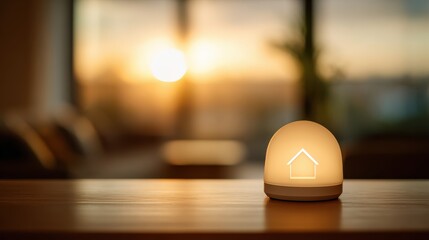 Softly Glowing Smart Home Lamp Illuminates Cozy Indoor Space Against Backdrop of Warm Sunset Light Creating Serene Atmosphere