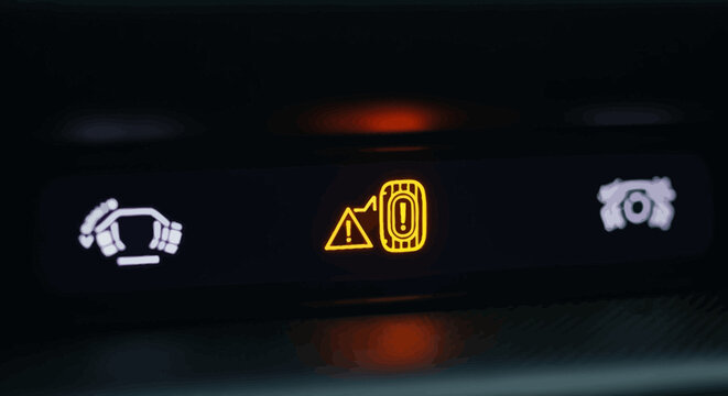 Close-up of car dashboard warning lights, highlighting the illuminated yellow low tire pressure (TPMS) indicator and vehicle safety warnings.