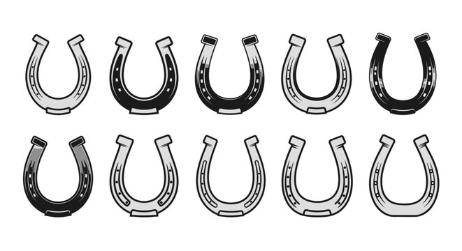 Collection of Horse Shoe Icons, Symbols, and Illustrations in Black and White