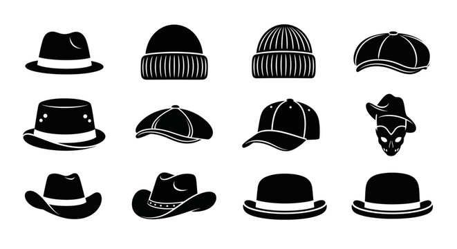 Collection of diverse black hats and caps silhouettes for men's fashion and style