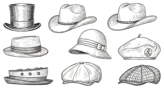 Collection of Vintage Hats and Caps Hand Drawn Sketch Style