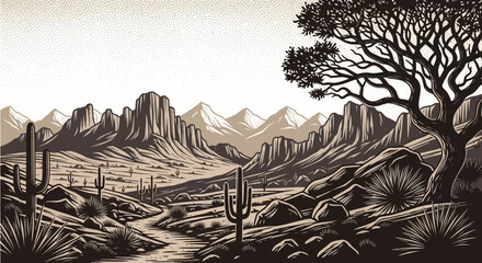 Majestic Desert Landscape with Towering Mountains and Cacti Under a Stark Sky © emiloo