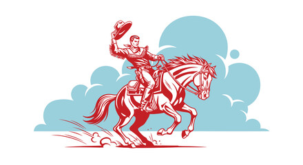 Red Cowboy Riding Horse with Hat Raised in Blue Sky with Clouds