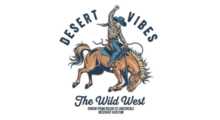 Fototapeta premium Retro Cowboy Riding a Bucking Horse in the Desert with 