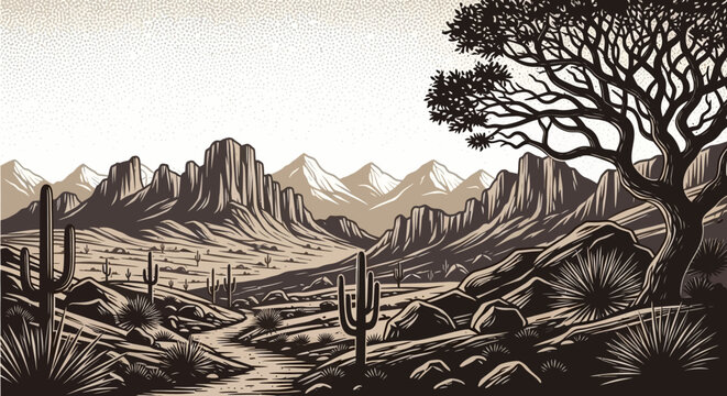 Majestic Desert Landscape with Towering Mountains and Cacti Under a Stark Sky