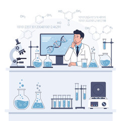 Scientist studying DNA on computer screen in modern laboratory with equipment