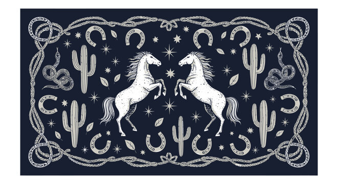 Wild West Vintage Style Illustration of Rearing Horses Surrounded by Cacti, Snakes, and Horseshoe