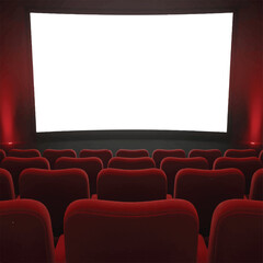 Empty movie theater with red seats and large white screen in front  cinema interior