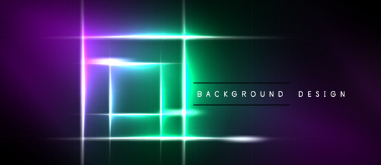 Naklejka premium Vibrant neon rectangles overlap dark background. Gradient purple, green hues create futuristic effect. Minimalist design elements present.