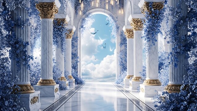 Enchanting Palace Corridor with Ornate Columns, Blue Floral Vines, and Archway to a Sky