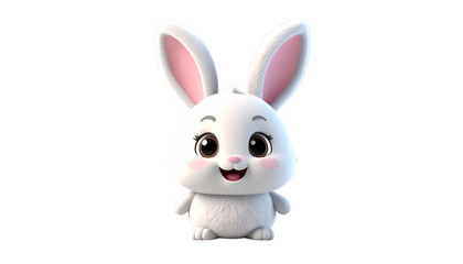 Obraz premium cute 3D cartoon bunny character, front view, big expressive glossy eyes, soft white fluffy fur with detailed strands, long upright ears with pink inner fur, isolated