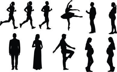 Obraz premium Diverse Collection of Black Silhouettes Featuring Men and Women Jogging Dancing and Pregnant Figures for Health and Lifestyle Vector Design