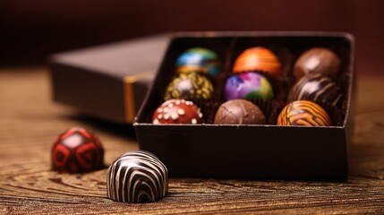 Close-up of artisan chocolates in a box on a wooden surface