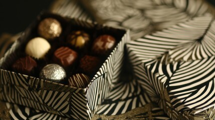 A close-up shot of a box of assorted chocolates sitting on a patterned surface