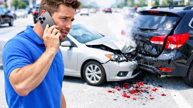 Young Man making a phone call after a car accident.
