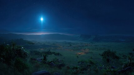Vast landscape under a starlit night sky, illuminated by a brilliant celestial light